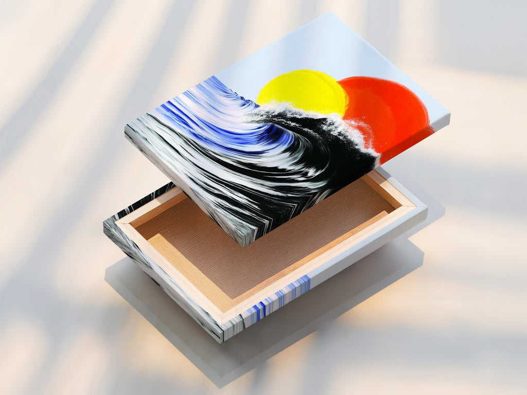 This is a stretched canvas print. The colorful surf art is a stunning ocean wave. It's a modern beach wall art piece for bedroom wall decor. This sunset wave painting is a nice touch. It's a perfect piece for boutique hotels.