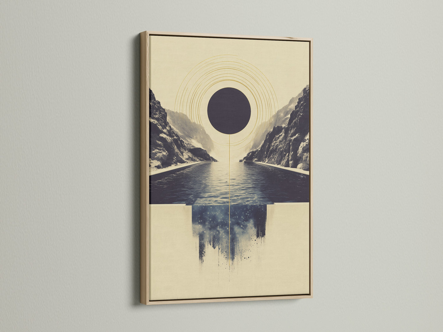 Abstract Infinity Pool artwork in an oak frame. This modern minimalist print showcases a geometric seascape. The oak frame enhances the artwork's natural beauty. Elevate your living room or office with this calming art print. It complements minimalist and Scandinavian styles.