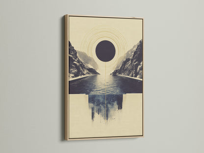 Abstract Infinity Pool artwork in an oak frame. This modern minimalist print showcases a geometric seascape. The oak frame enhances the artwork's natural beauty. Elevate your living room or office with this calming art print. It complements minimalist and Scandinavian styles.