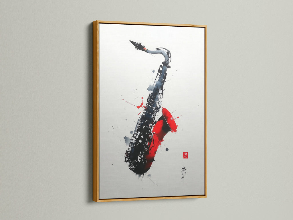 The saxophone art piece features a gold frame. Add a touch of luxury with this unique piece. The jazz wall art is eye-catching. This music canvas print will elevate your decor. Ideal for music enthusiasts. A great conversation starter.