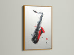 The saxophone art piece features a gold frame. Add a touch of luxury with this unique piece. The jazz wall art is eye-catching. This music canvas print will elevate your decor. Ideal for music enthusiasts. A great conversation starter.
