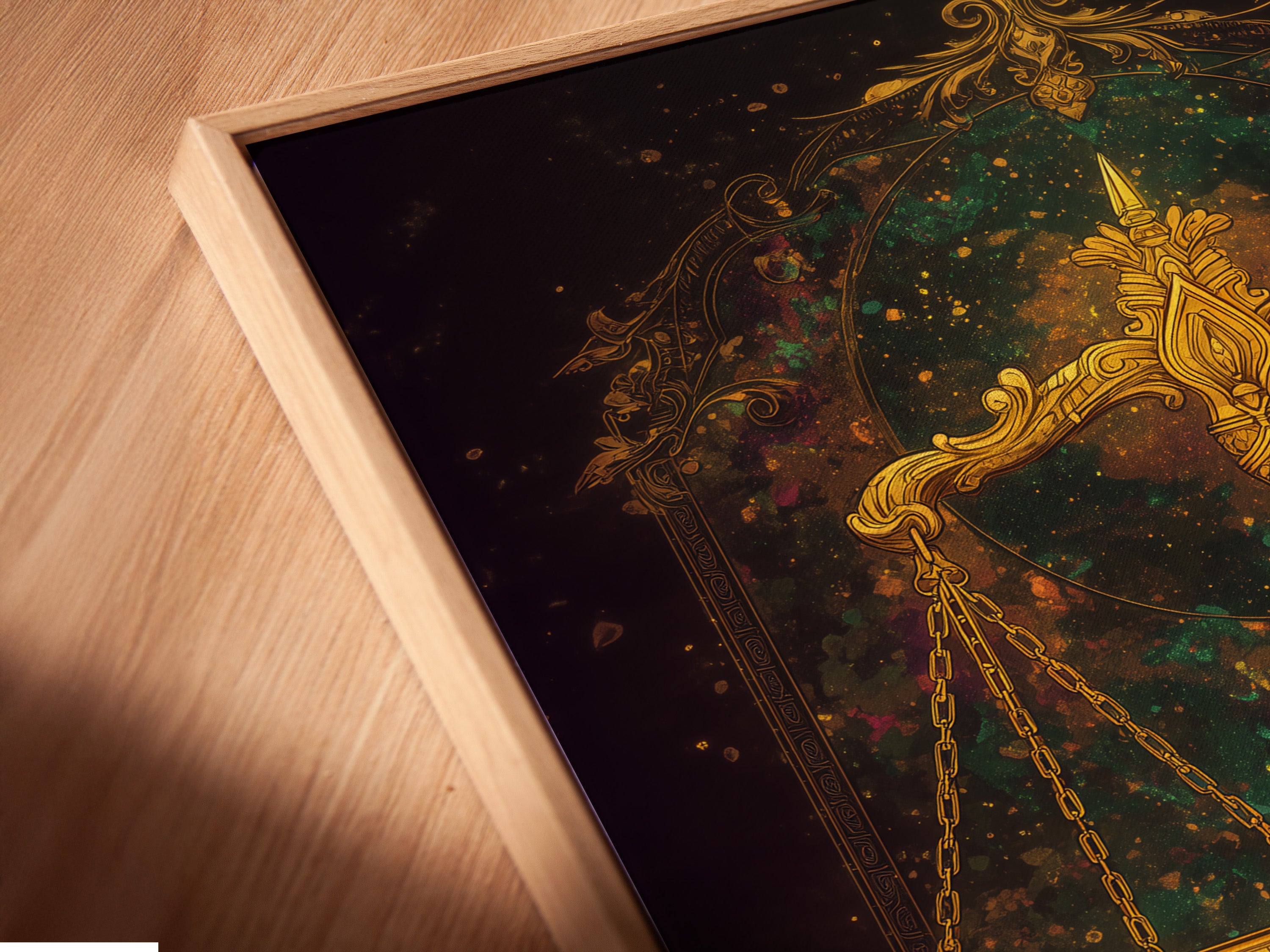 A close-up reveals the textured details of the canvas print in a floating frame. The Justice Scales artwork adds a touch of sophistication. This golden scales print is perfect for vintage legal decor. Enhance your wall with this cosmic wall art.