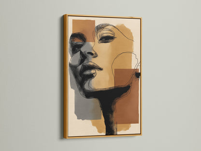 Gold frame highlighting an abstract portrait canvas print. This modern wall art elevates your interior design. The minimalist face drawing adds a touch of luxury. Perfect for living rooms or offices.