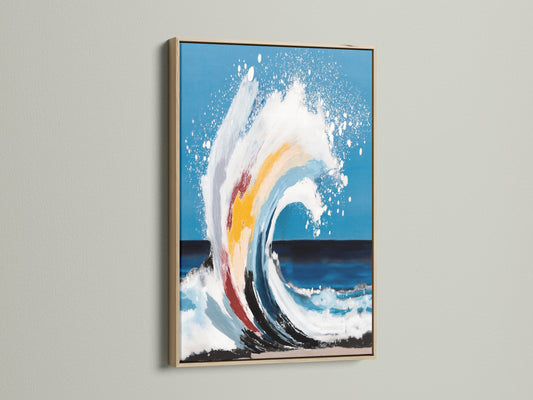 This oak frame beautifully complements the ocean wave art. It adds a touch of natural warmth to the abstract seascape. Ideal for coastal wall art and beach house decor. This artwork enhances any space.