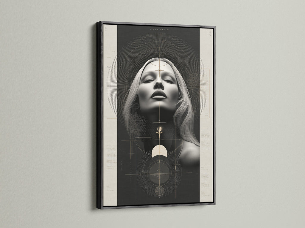 Spiritual canvas art in a black frame showcasing a Mystical Woman Portrait. This boho decor piece is ideal for adding an esoteric touch to your living room. The artwork features sacred geometry and occult elements. Enhance your home with this unique piece of witchy wall art.
