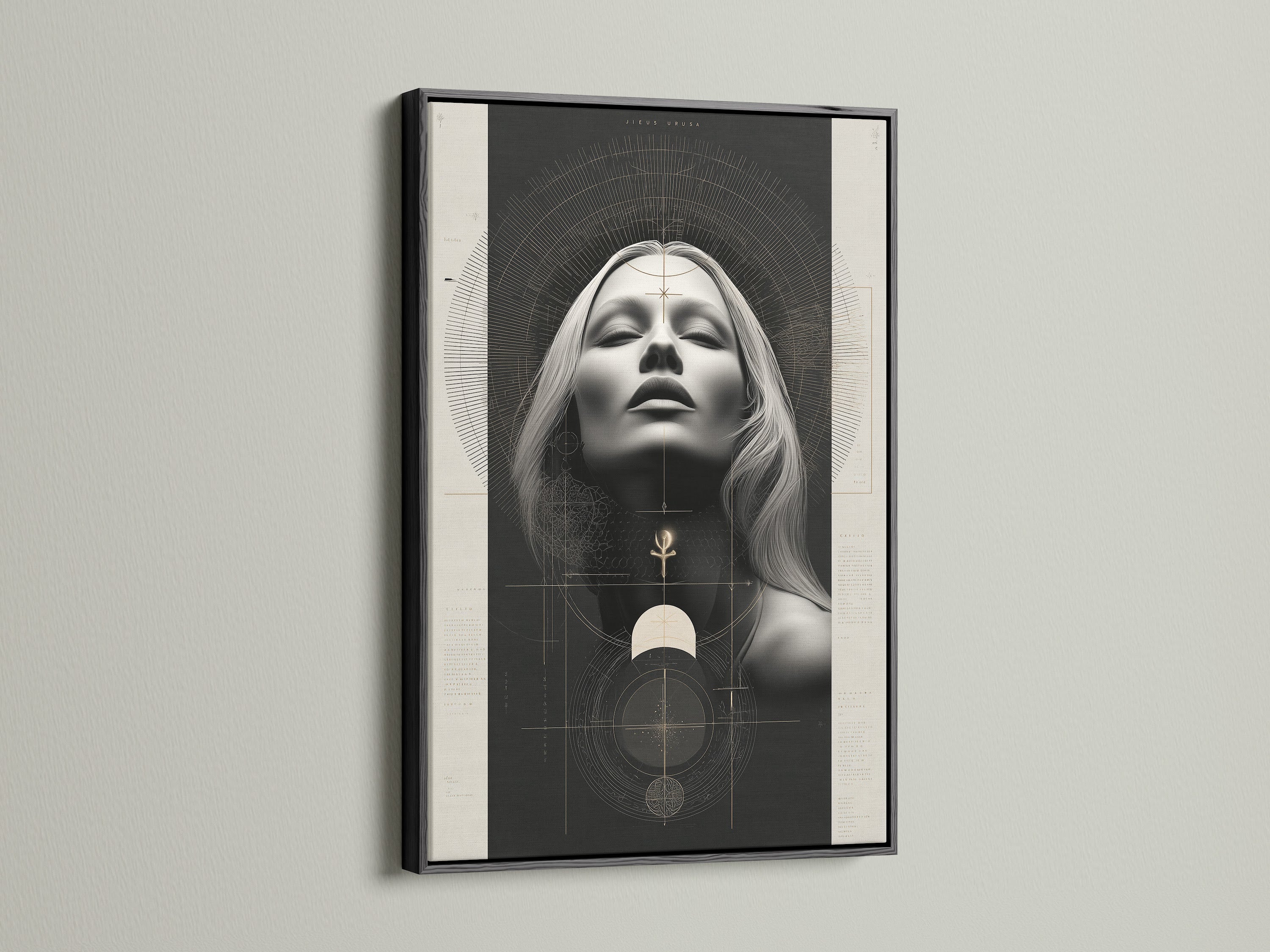 Spiritual canvas art in a black frame showcasing a Mystical Woman Portrait. This boho decor piece is ideal for adding an esoteric touch to your living room. The artwork features sacred geometry and occult elements. Enhance your home with this unique piece of witchy wall art.