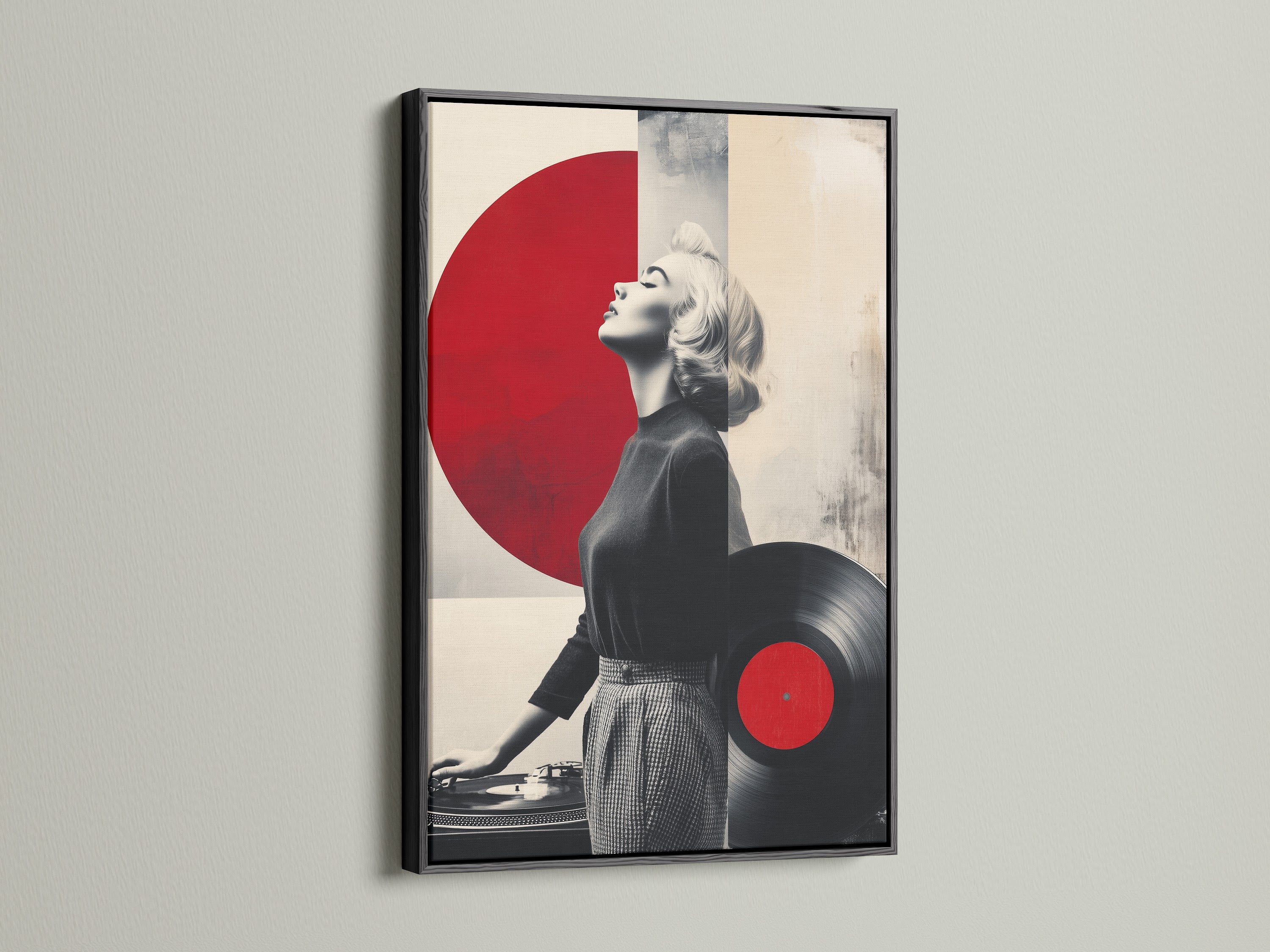 Add a bold statement with our black frame featuring the retro dj woman canvas print. This music wall art is perfect for a music studio or home theater. The contrast enhances the mid-century modern aesthetic. Buy Now