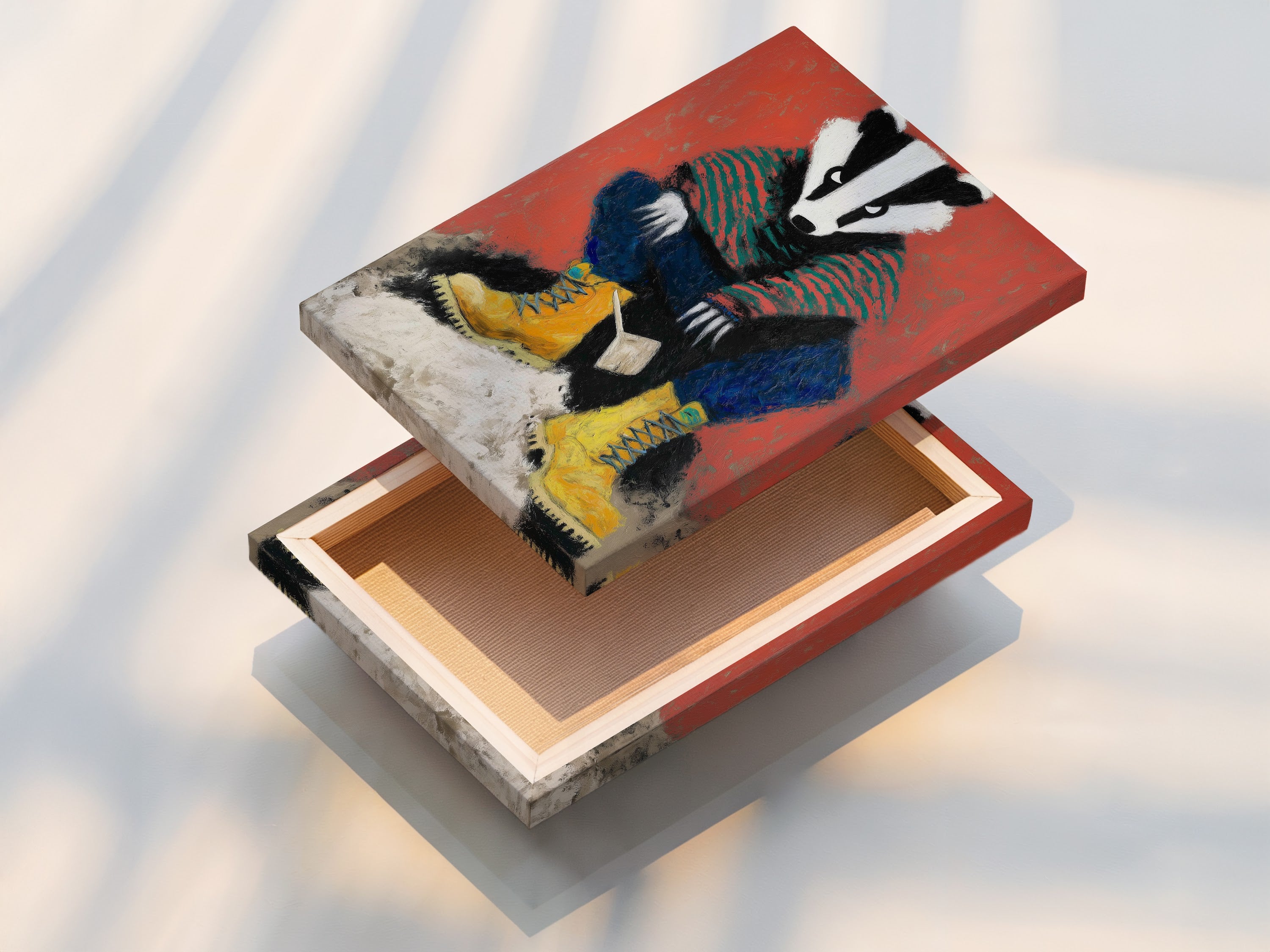 A stretched canvas print of the badger artwork is displayed. The canvas enhances the texture and colors of the woodland animal art. This format is perfect for creating a focal point in a nursery or kids room. It is ideal for those seeking a ready-to-hang whimsical art print.