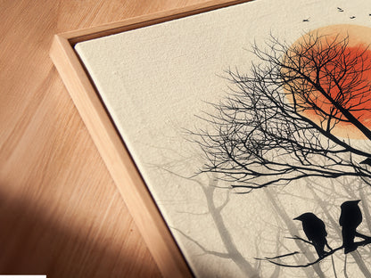 This is a close-up angled view of a canvas print. The artwork is displayed in a floating frame. The artwork depicts birds on tree with a red sun and forest silhouette. It's the perfect bird artwork.