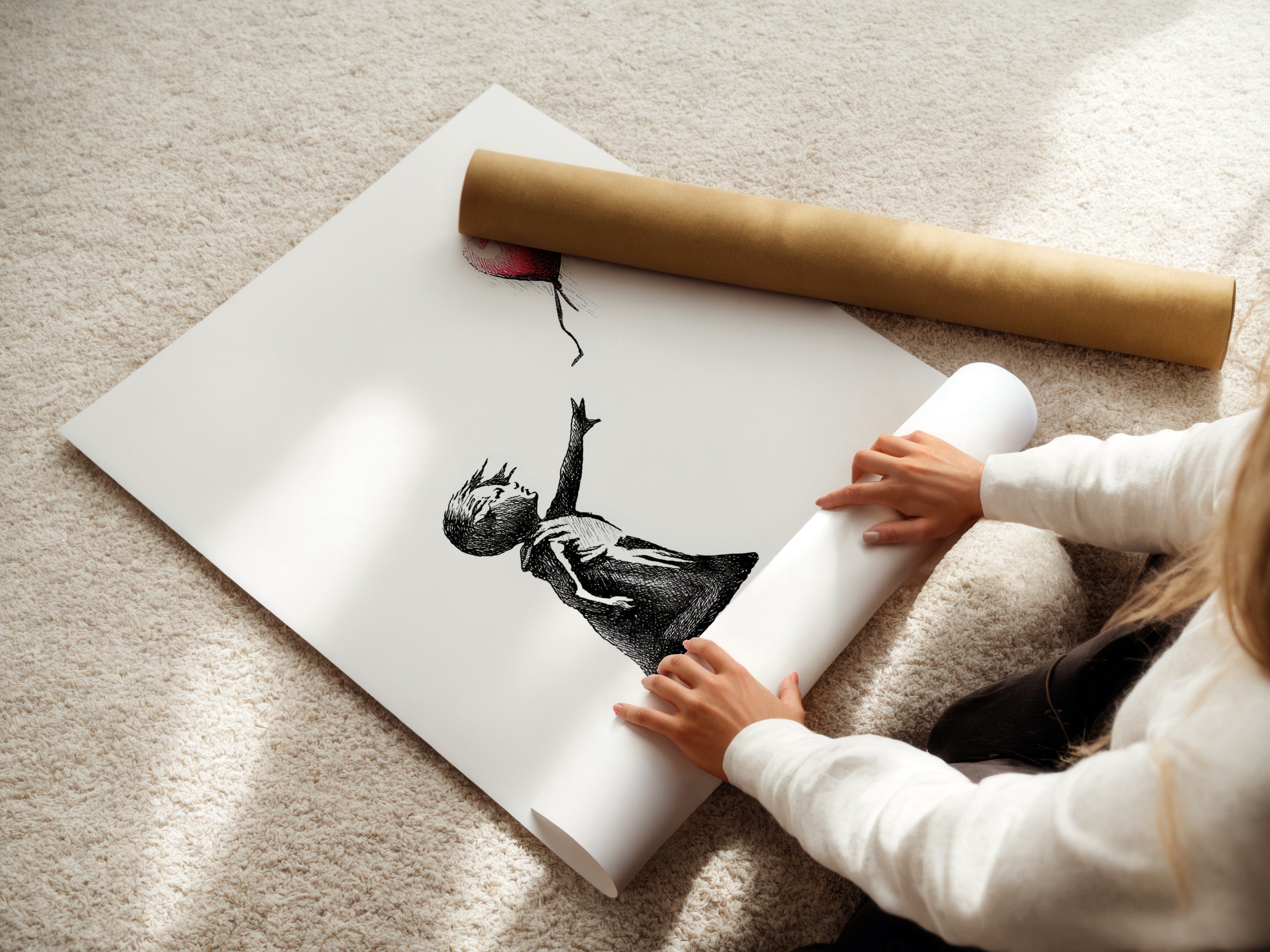 Watch as a woman carefully rolls a fine art poster paper. This showcases the delicate handling of our high-quality materials. Our fine art posters are printed on premium paper. This ensures vibrant colors and lasting beauty. Each poster is handled with care. Enjoy museum-quality art in your home.