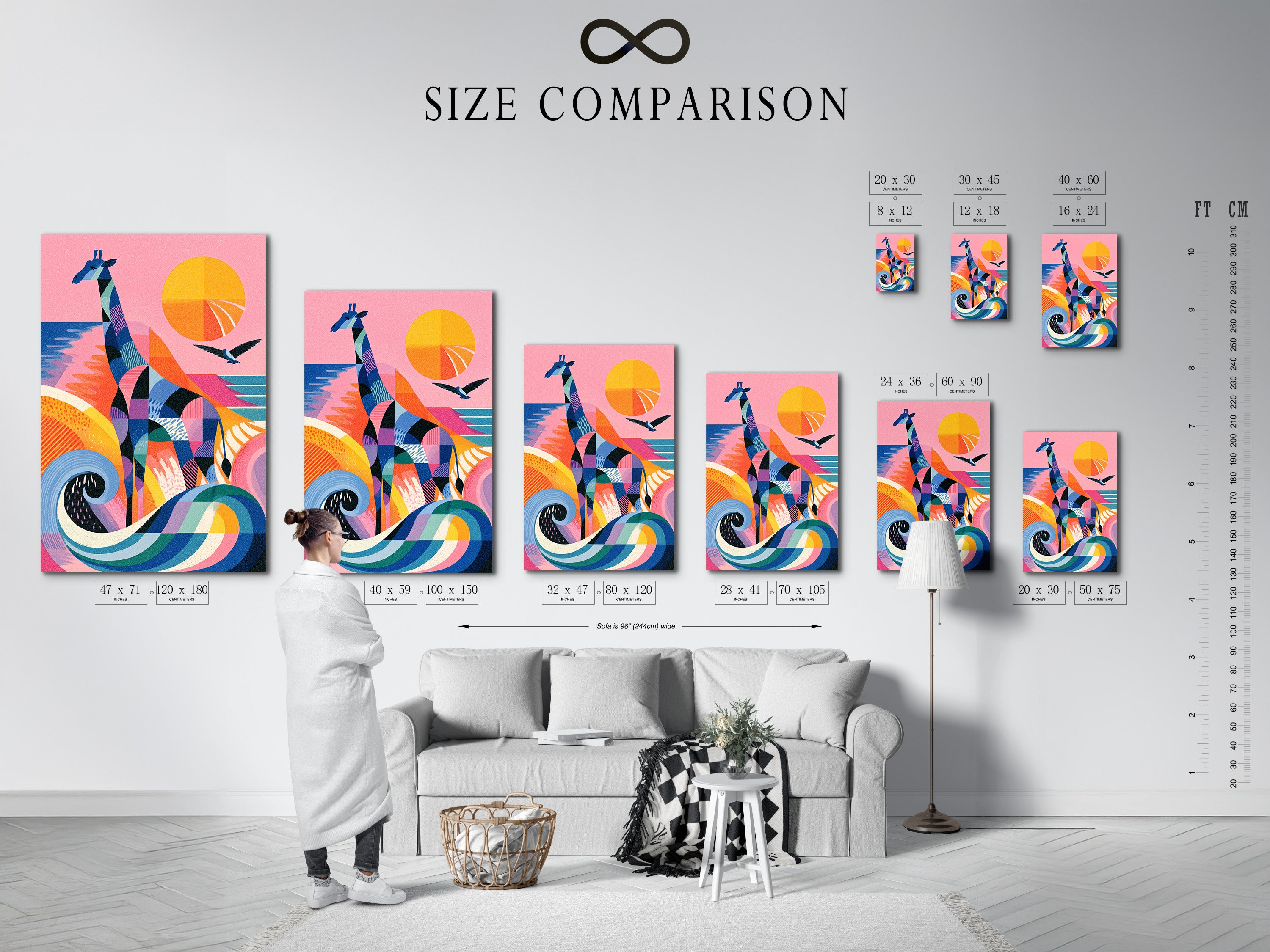 A size comparison chart is displayed in an interior setting. Envision the perfect fit for your colorful giraffe artwork. This abstract animal art is ideal for nurseries. Find the right dimensions to enhance your modern wall decor.