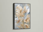 Beige and blue neutral floral artwork in a black frame. The art is modern botanical. It would look great in minimalist Scandinavian or contemporary spaces. This art is perfect for living rooms bedrooms offices studios lobbies clinics and waiting rooms.