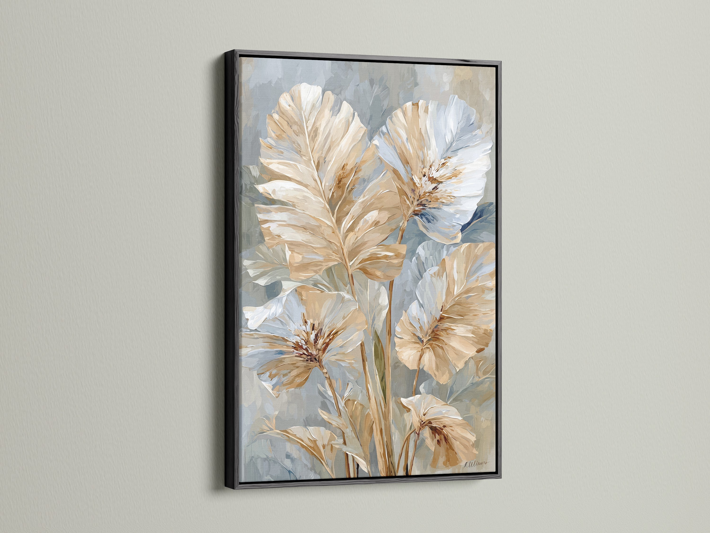 Beige and blue neutral floral artwork in a black frame. The art is modern botanical. It would look great in minimalist Scandinavian or contemporary spaces. This art is perfect for living rooms bedrooms offices studios lobbies clinics and waiting rooms.