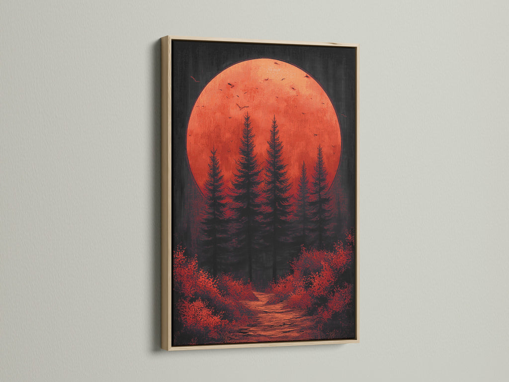 This artwork showcases a red sunset print framed in oak. The forest moon art exudes a moody landscape vibe. Ideal as bedroom wall art it brings the beauty of nature indoors. The oak frame enhances its contemporary style.