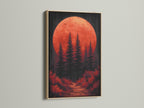 This artwork showcases a red sunset print framed in oak. The forest moon art exudes a moody landscape vibe. Ideal as bedroom wall art it brings the beauty of nature indoors. The oak frame enhances its contemporary style.