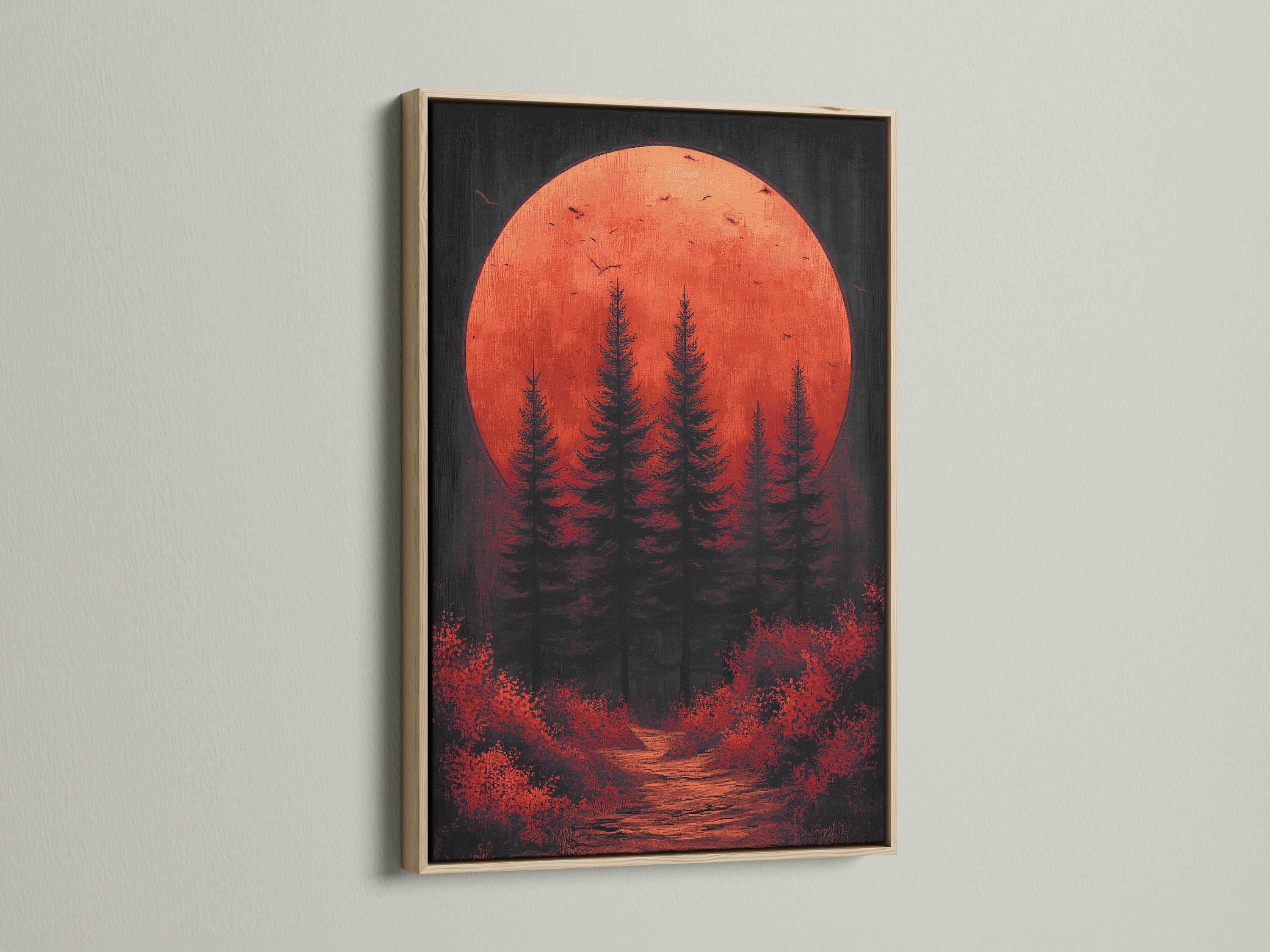 This artwork showcases a red sunset print framed in oak. The forest moon art exudes a moody landscape vibe. Ideal as bedroom wall art it brings the beauty of nature indoors. The oak frame enhances its contemporary style.