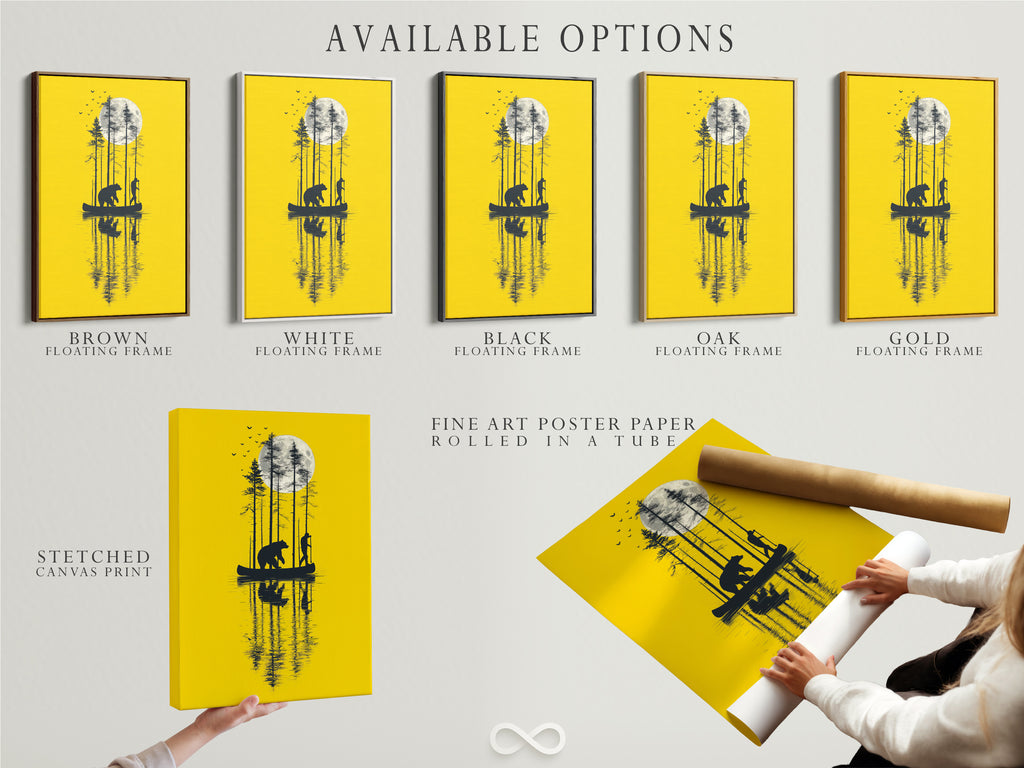 Available options are showcased for the bear and canoe artwork. Choose from a stretched canvas print or a fine art poster paper. Consider a floating frame to elevate your artwork. The yellow moon wall art is customizable to fit your style. Personalize your nature silhouette print.