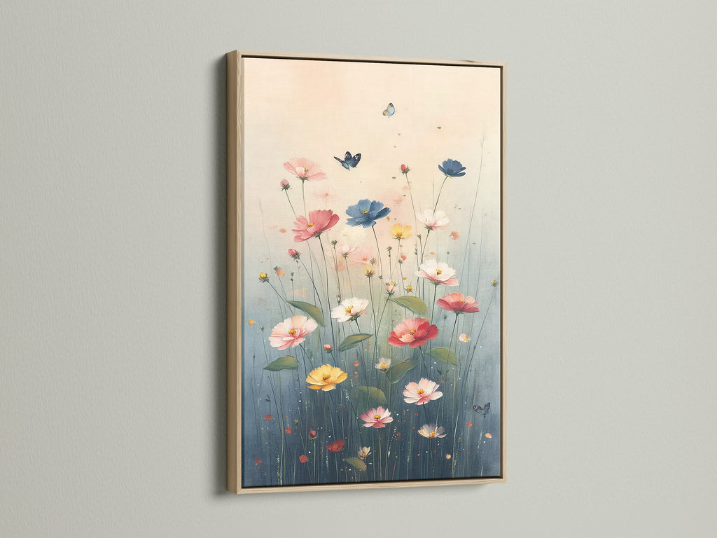 Floral Meadow canvas print with an oak frame displayed on a white wall. The artwork showcases wildflowers in pink blue and yellow. A butterfly adds a whimsical touch to the scene. This botanical artwork brings the beauty of nature indoors. It is ideal for cottagecore or farmhouse-style decor.