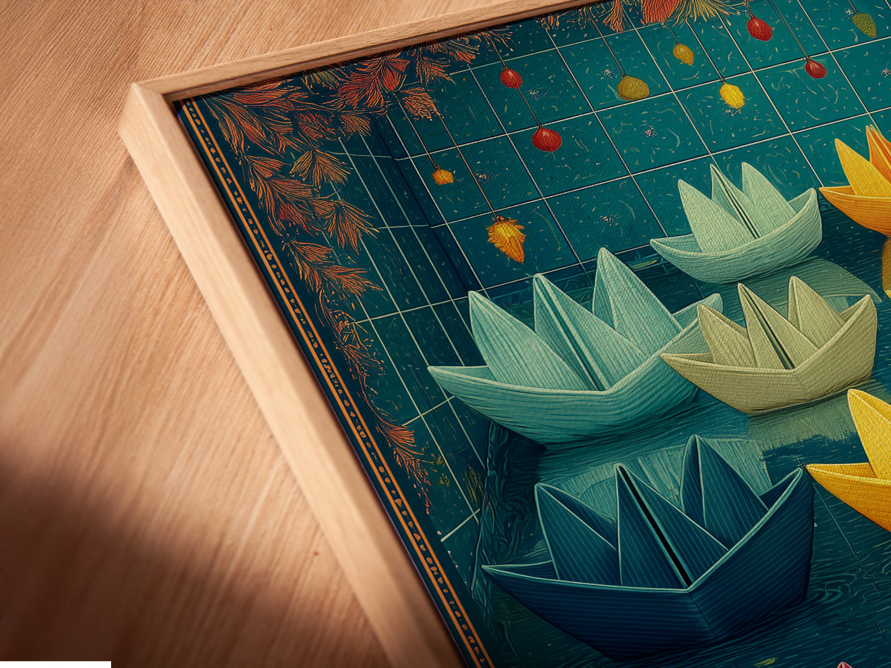 A close-up of the Paper Boat Canvas Print in a floating frame. See the intricate details of this modern kids artwork. The floating frame enhances the art. Notice the vibrant teal and red colors of the origami print.
