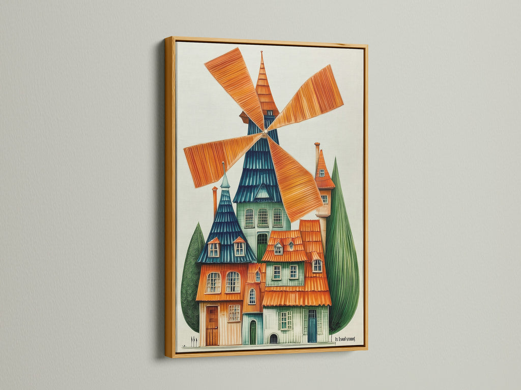 Dutch architecture canvas featuring whimsical windmill artwork in a gold frame. This colorful folk art print is perfect for playroom decor. Enhance kids' rooms or creative spaces with this unique building canvas.