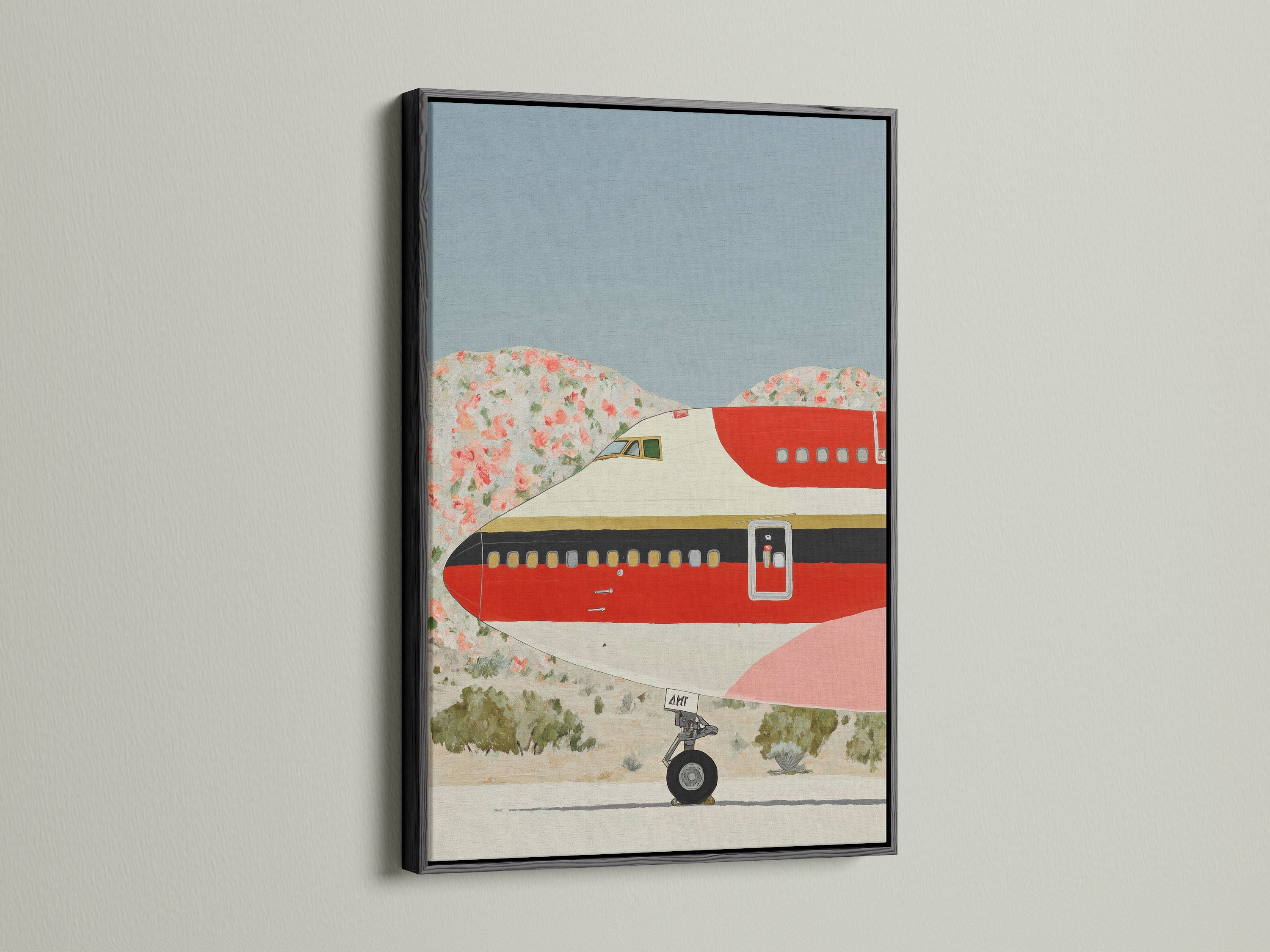 Vintage airplane art print in a black frame. This retro aviation art is a striking mid century print. The black frame adds sophistication to the airplane wall art. Perfect aviation decor for a modern office. A timeless travel wall decor.