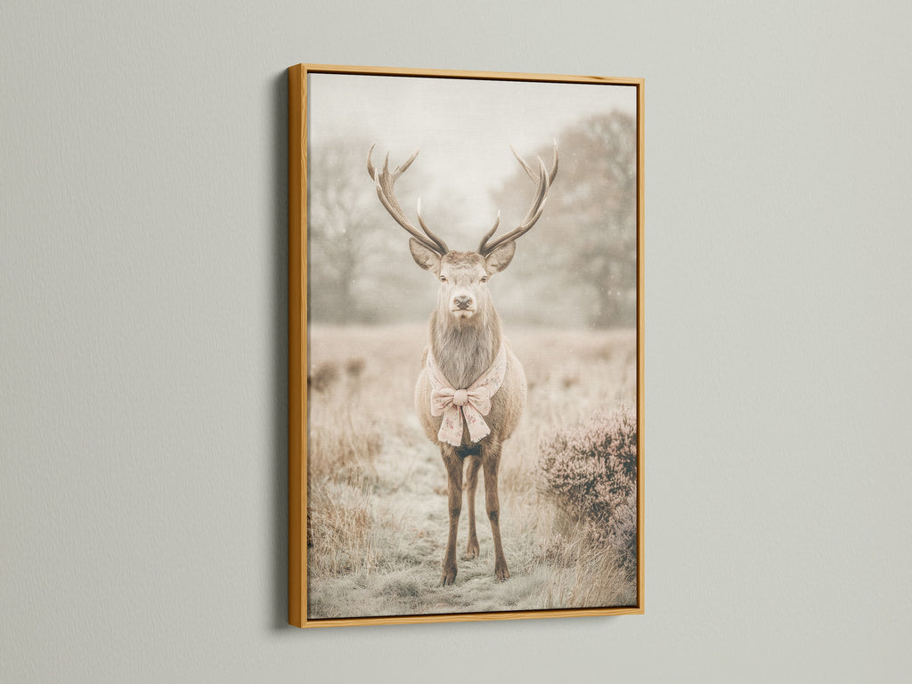 The vintage deer art with a bow tie is displayed in a gold frame. The gold frame enhances the artwork's vintage appeal. Perfect for creating a whimsical animal art display. It is great for nursery wall decor or bedroom wall decor. This artwork adds a touch of elegance to any room. The primary color is beige.