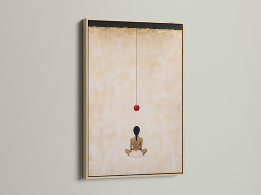 Zen artwork in an oak frame. This minimalist meditation art print brings peace to any room. The Spiritual Canvas Print is ideal for yoga studio decor. Its neutral tones complement contemporary styles.