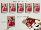 The available options are displayed. This includes stretched canvas prints fine art poster paper and floating frames. Customize your flamingo wine artwork to match your style. Choose the perfect format for your home or bar decor.