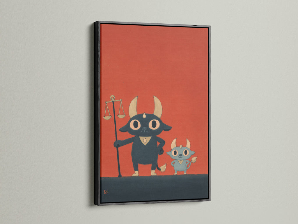 The Justice Bull art is presented in a black frame. This is a contemporary artwork. It features a cute cartoon animal. The art print is ideal for legal office decor. It makes a unique lawyer gift. This piece adds a modern touch to any law firm.