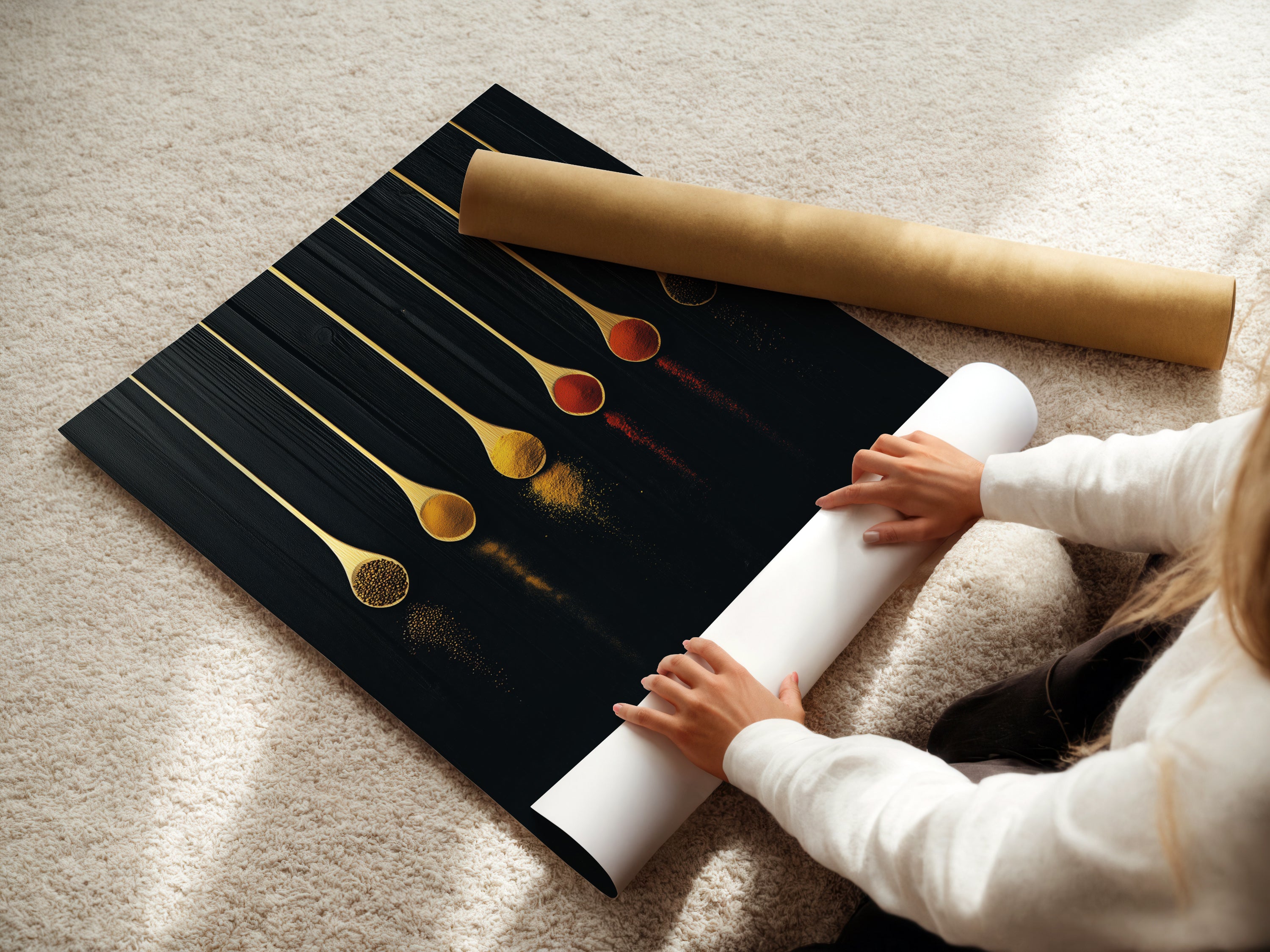 A woman is rolling a fine art poster paper of the Spice Spoons artwork. This modern kitchen art is perfect for culinary decor. The spoon print enhances dining areas. It is a unique chef gift. This food art print is ideal for cafe decor. Add minimalist elegance to your home.