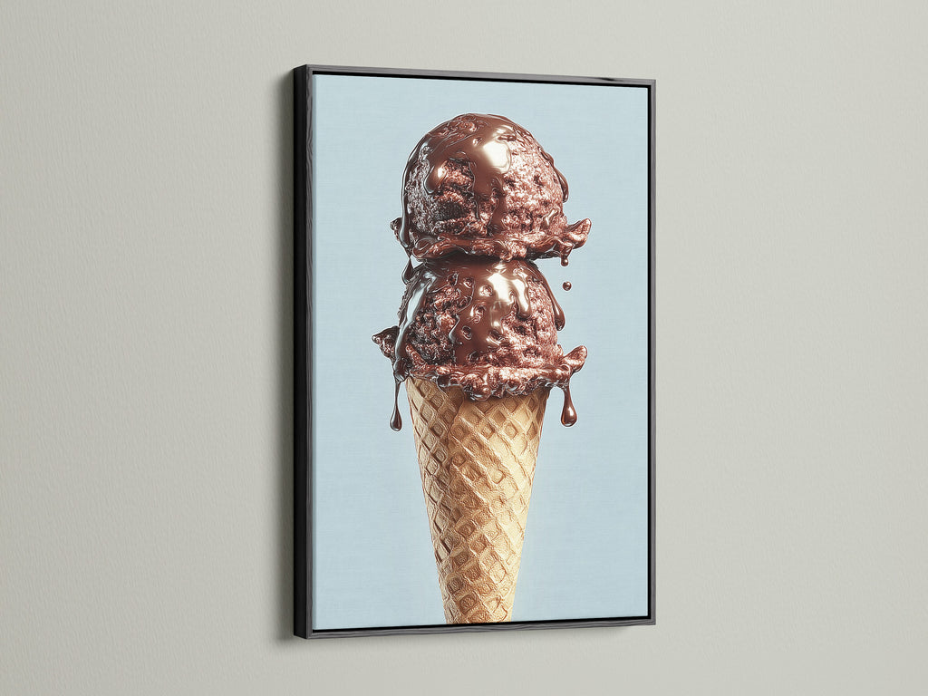 A chocolate ice cream cone artwork is showcased in a black frame. The artwork is displayed on a white wall. The sleek black frame adds a touch of sophistication and contrast. This frame makes the artwork stand out. A perfect addition to any space.