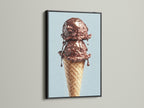 A chocolate ice cream cone artwork is showcased in a black frame. The artwork is displayed on a white wall. The sleek black frame adds a touch of sophistication and contrast. This frame makes the artwork stand out. A perfect addition to any space.