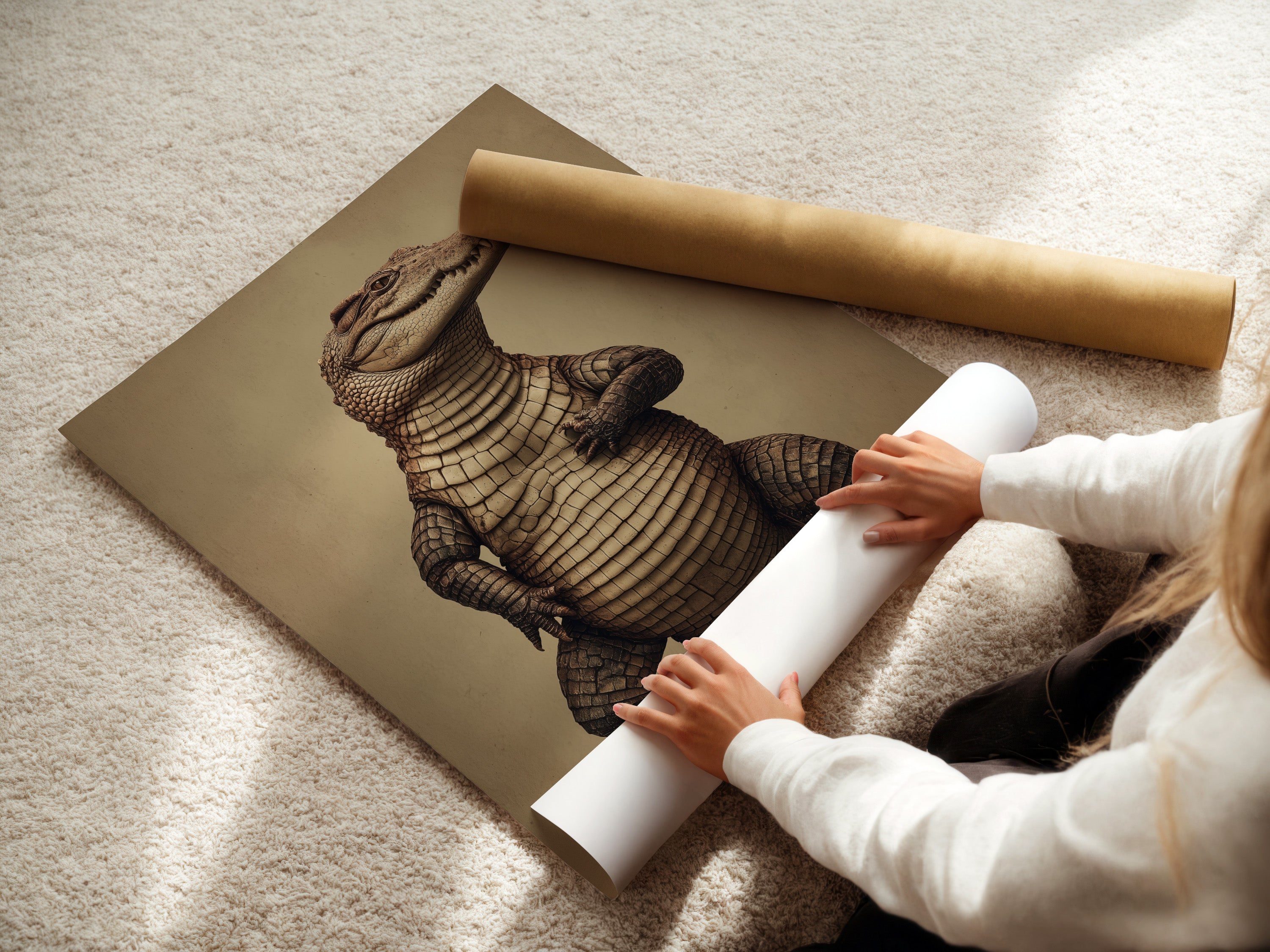 A woman is carefully rolling a fine art poster paper. This ensures your sepia wildlife poster arrives in perfect condition. Order your alligator artwork as a high-quality print. This vintage animal art is ready for framing. Perfect for any space.