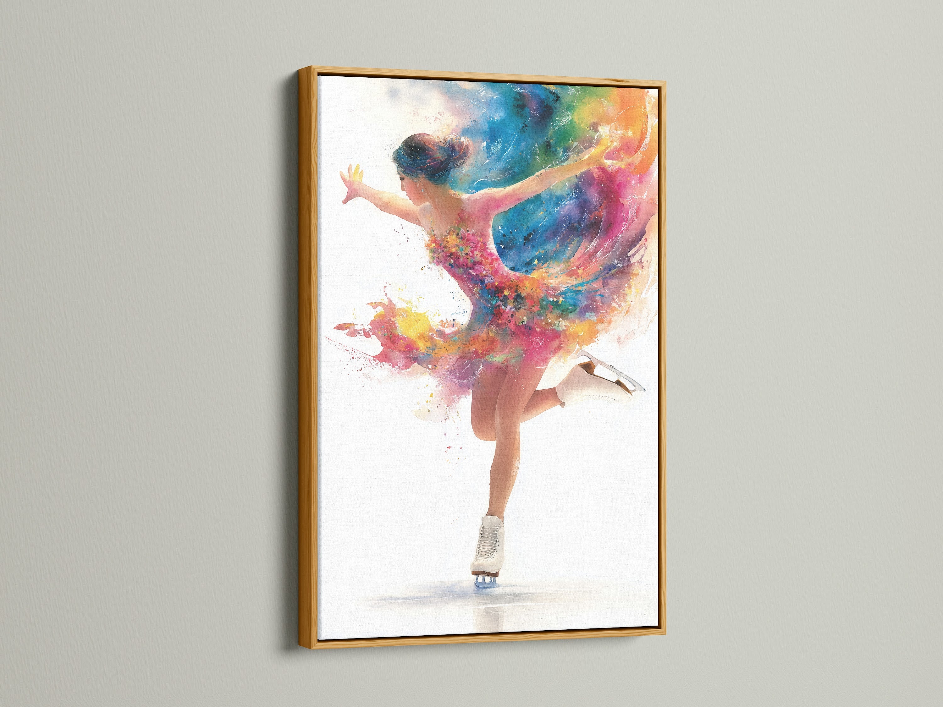 The Dancing Girl Canvas Art is beautifully presented in a gold frame. This rainbow dancer art brings a creative touch to any wall. A perfect piece for sports enthusiasts and figure skaters. It enhances studios and bedrooms.