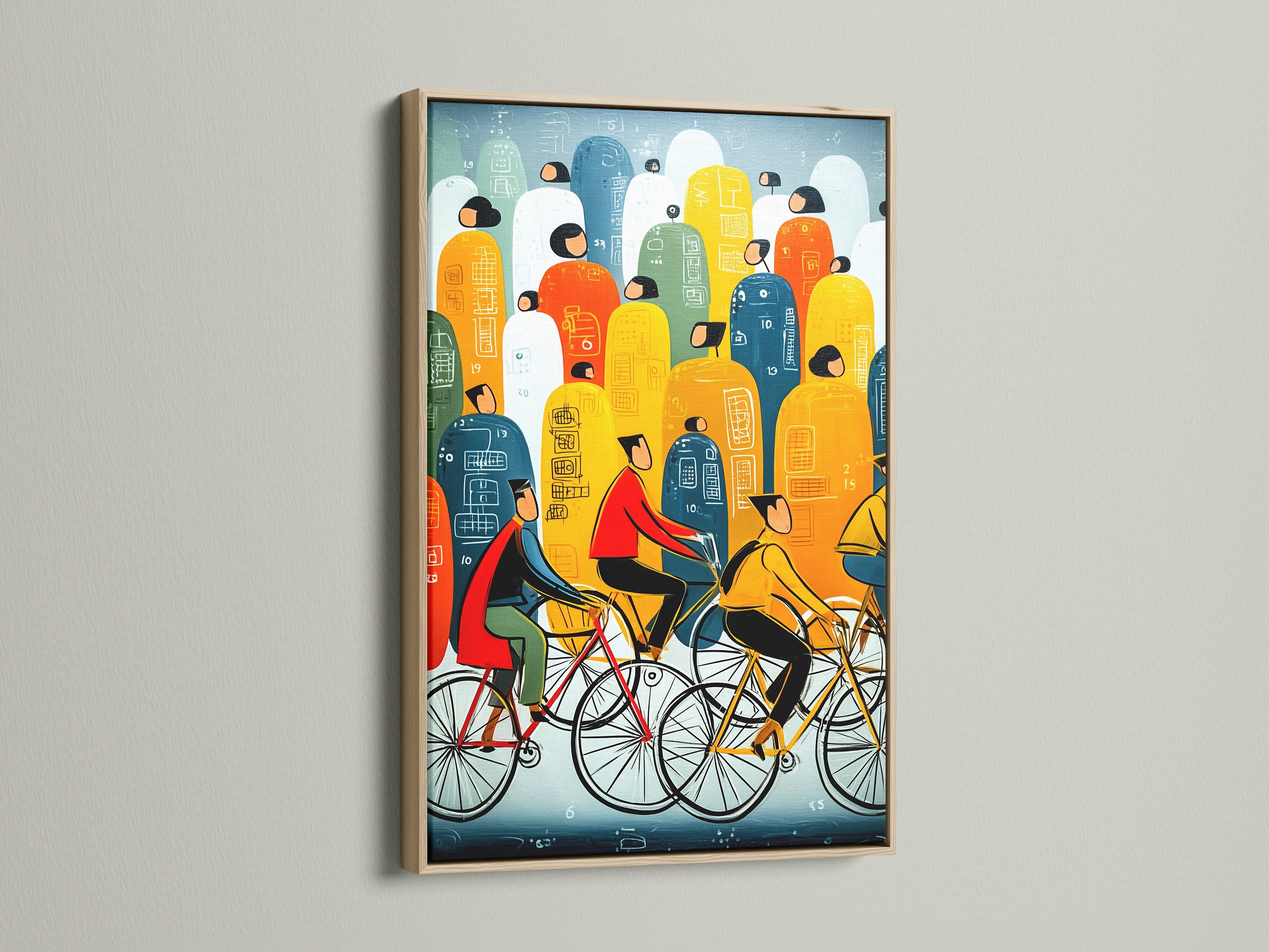 Bicycle Riders Canvas Print in an oak frame. Abstract city wall art. Ideal for adding warmth to your living room. Colorful commute artwork for office decor. This oak frame enhances the artwork's natural tones. Perfect for living room wall art.