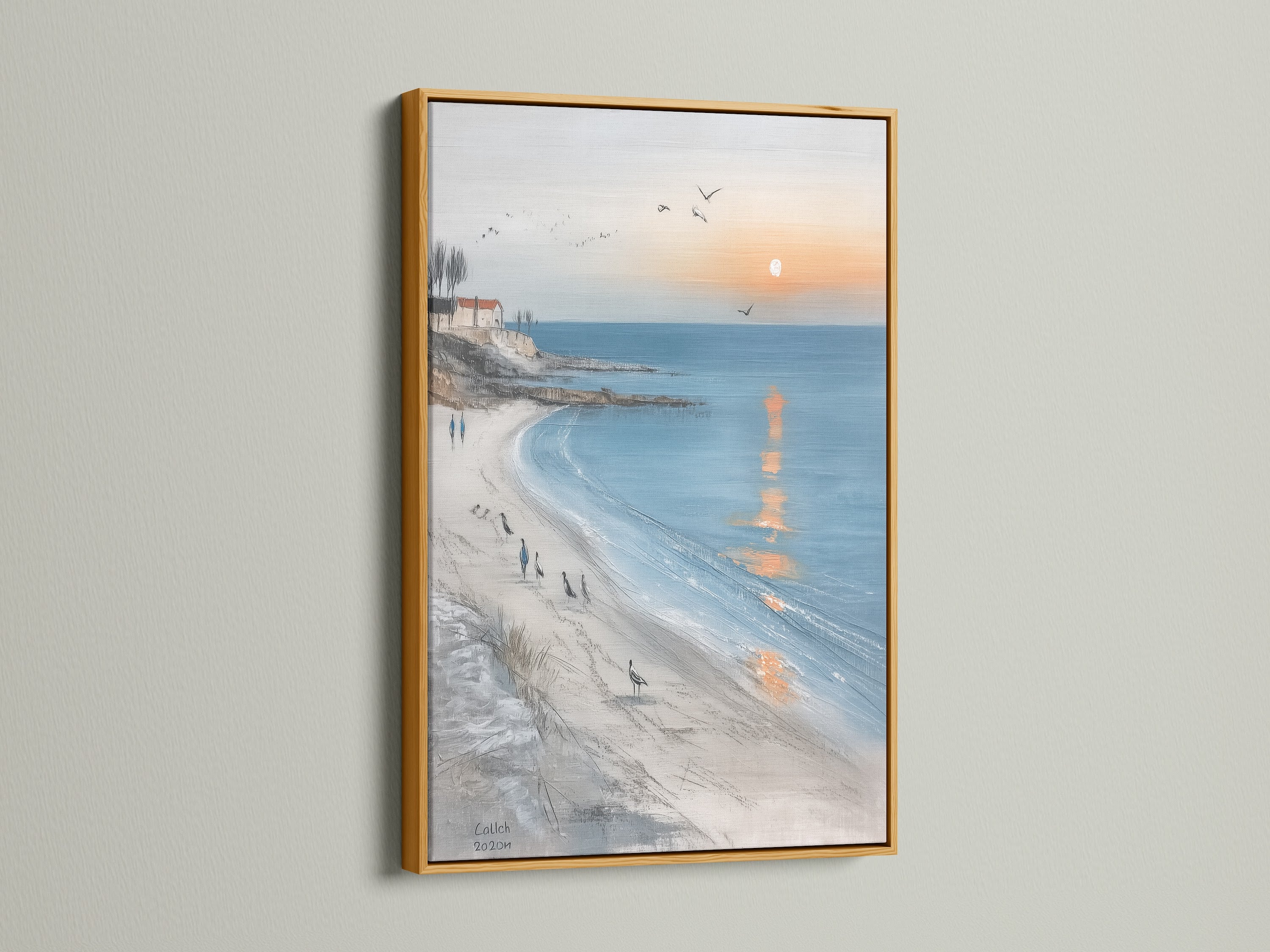 The gold frame accentuates the coastal wall art. Beach canvas art featuring an ocean sunset print is elegant. The seaside landscape glows in gold. This frame enhances the coastal artwork. The ocean view art is luxurious. A timeless seascape painting.