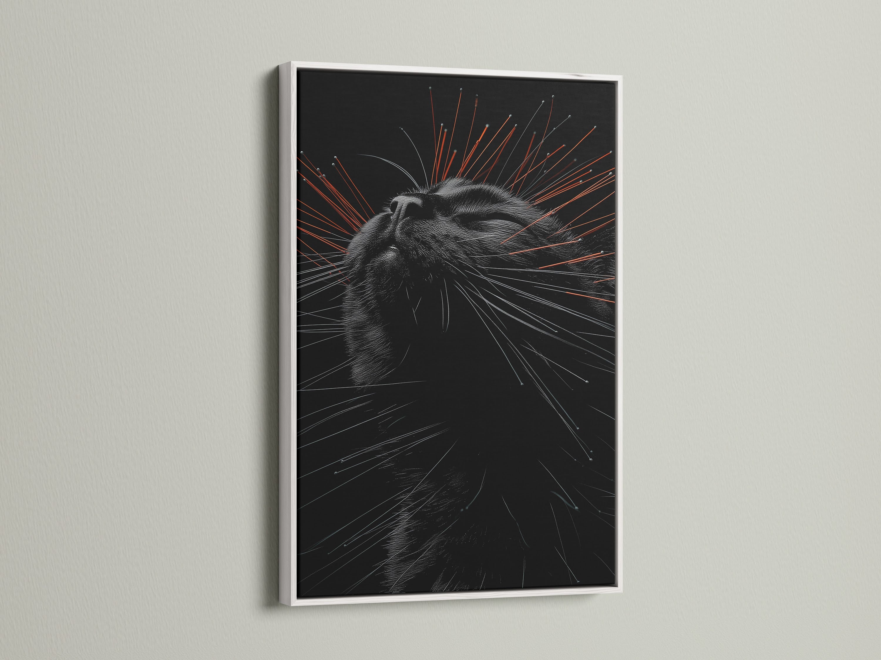 See a modern cat portrait canvas in a white frame. This minimalist feline artwork enhances any space. It's an ideal gift for cat enthusiasts. Explore our pet wall decor and find contemporary cat art for your home.