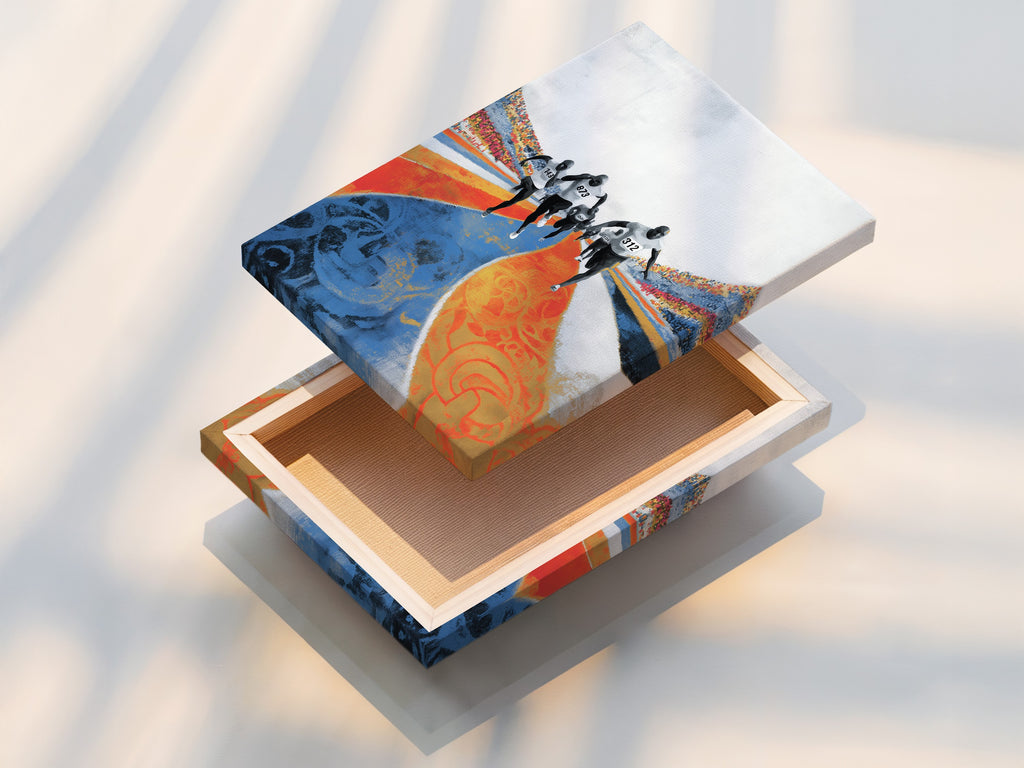 This is a stretched canvas print of the marathon runners artwork. The athletic sports wall decor is ready to hang. It brings sports motivation and style to any room. The blue orange track stadium art enhances your home gym or living space.