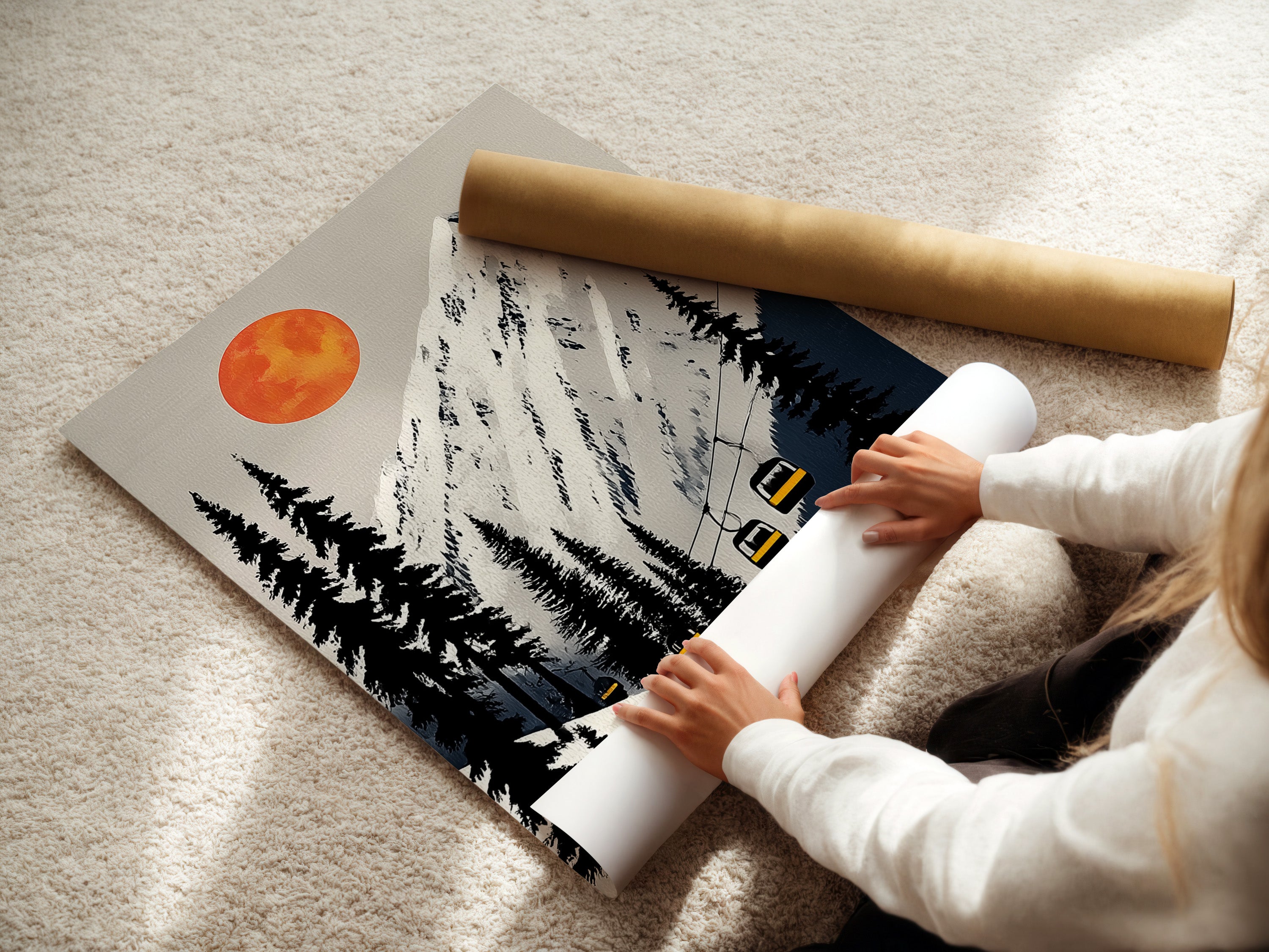 A woman rolling a fine art poster paper. This high quality paper ensures a pristine print. Perfect for the mountain ski lift artwork. Get ready to display your alpine landscape art. This poster paper is ideal for framing. You can enhance your cabin wall decor.