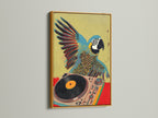 A gold frame holds the parrot DJ artwork. The gold frame adds a touch of luxury and elegance. This is suitable for art collectors and music lovers. The tropical bird print shines in gold. Shop the gold frame option.