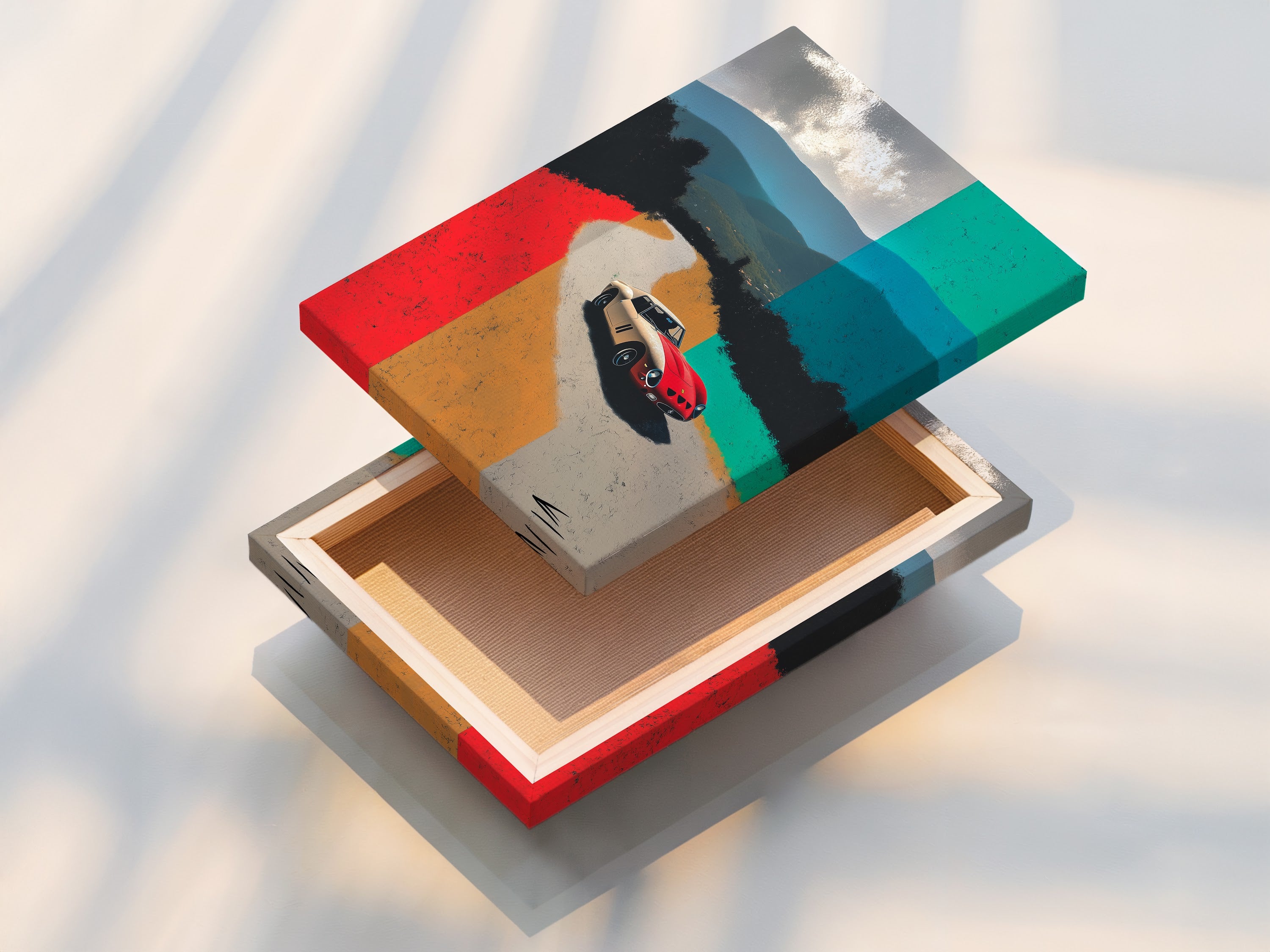 A stretched canvas print featuring a classic sports car artwork. The canvas print showcases a vintage racing scene. This ready-to-hang artwork adds mid-century modern style to any room. Perfect for home offices man caves and showrooms. Enhance your space today.