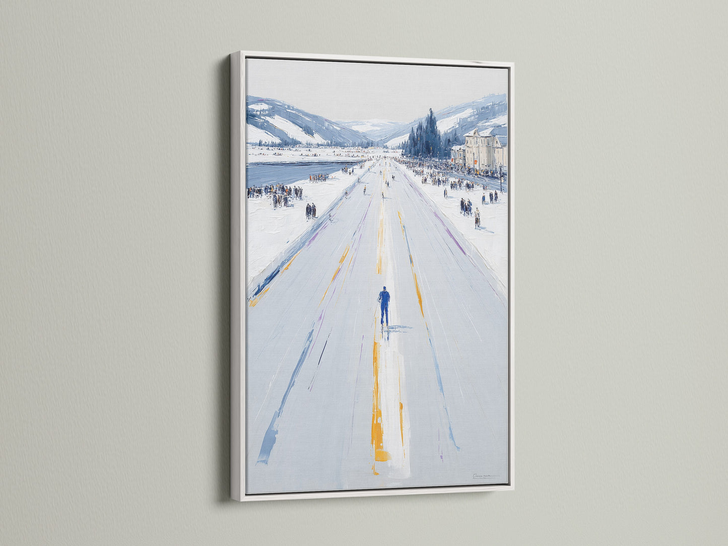 The Winter Cityscape artwork is presented in a clean white frame. The impressionist art features a snowy street perfect for office or home decor. Cool-toned minimalist artwork for living rooms bedrooms offices and more. A stylish addition to any interior.