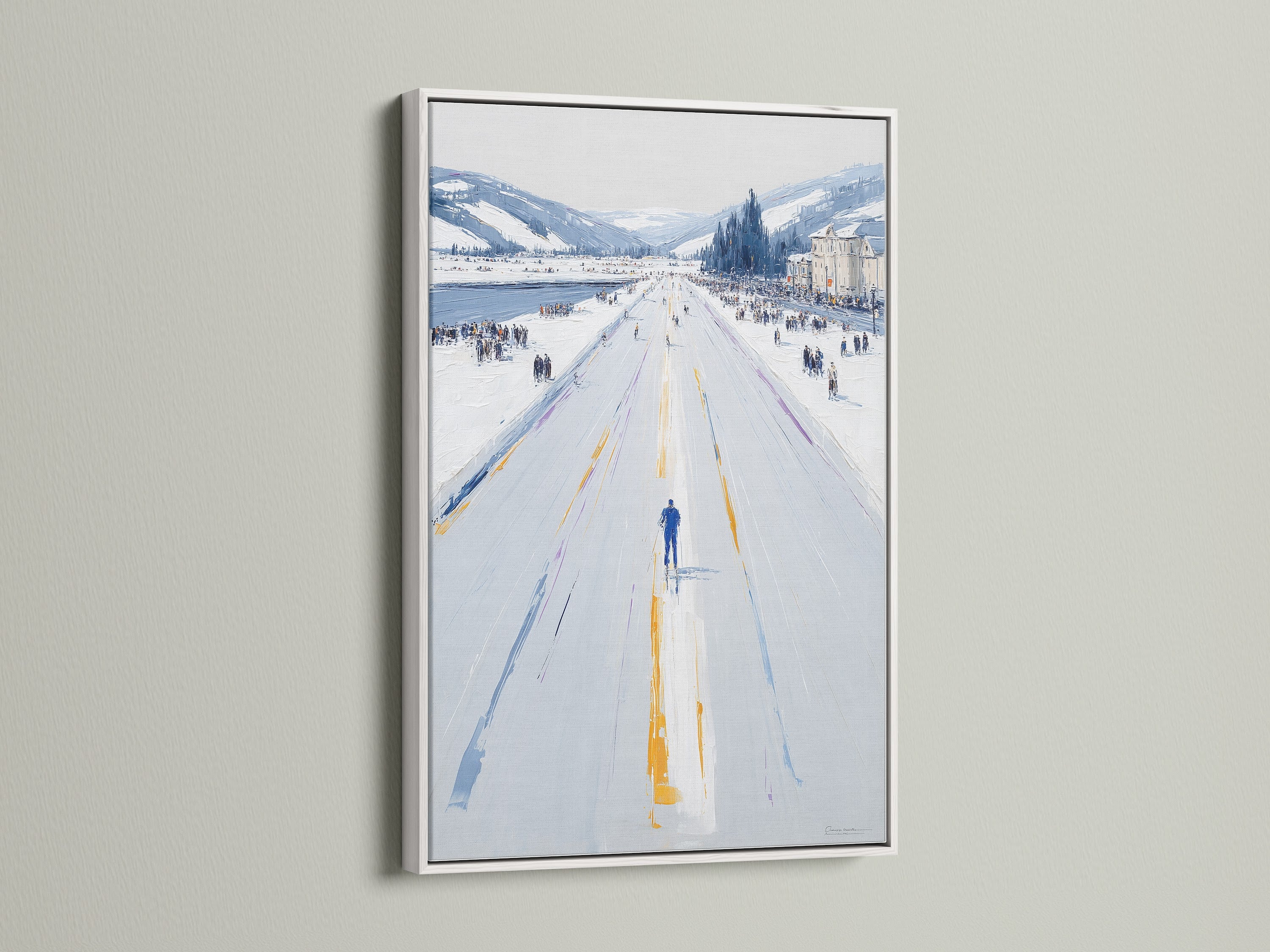 The Winter Cityscape artwork is presented in a clean white frame. The impressionist art features a snowy street perfect for office or home decor. Cool-toned minimalist artwork for living rooms bedrooms offices and more. A stylish addition to any interior.