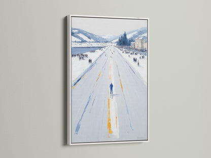 The Winter Cityscape artwork is presented in a clean white frame. The impressionist art features a snowy street perfect for office or home decor. Cool-toned minimalist artwork for living rooms bedrooms offices and more. A stylish addition to any interior.
