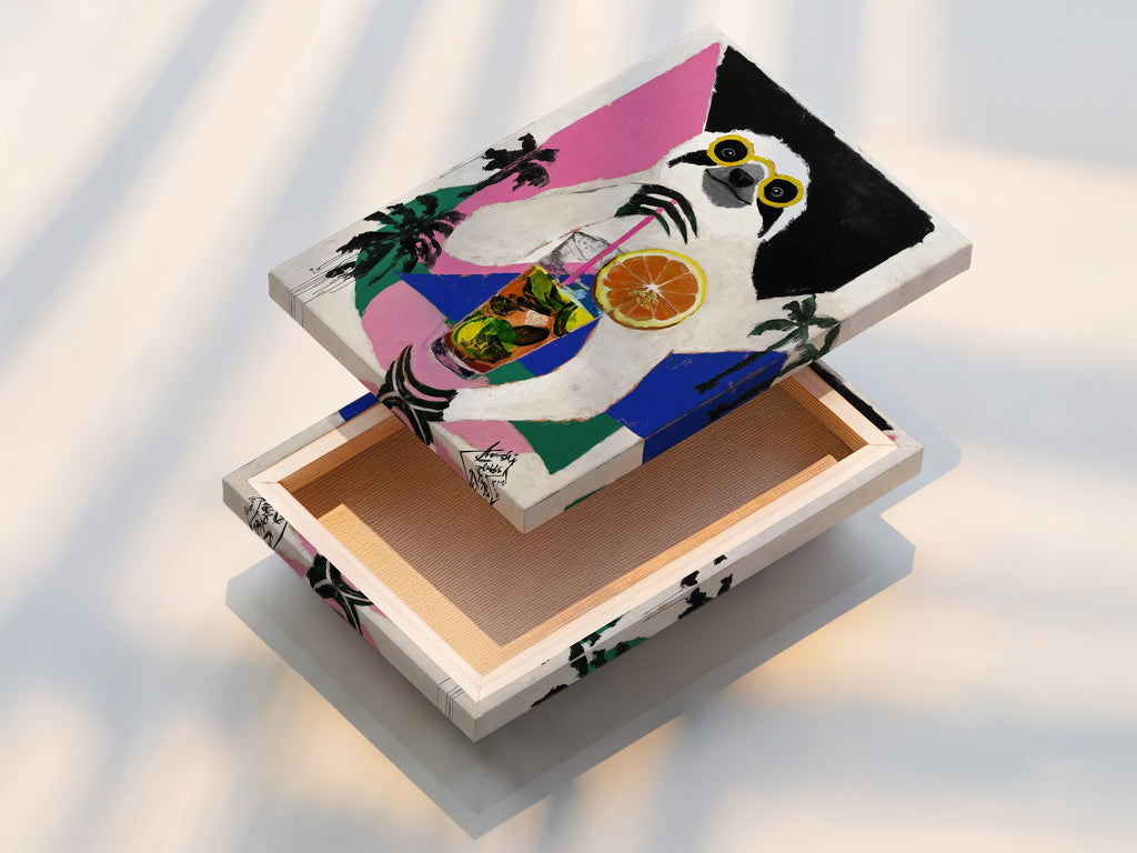 Close-up view of a stretched canvas print. The Sloth Cocktail artwork is vibrant and ready to hang. This tropical animal art will add a touch of humor and style. The stretched canvas ensures a gallery-ready appearance.