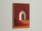 The desert arch artwork is displayed in a gold frame. This adds a touch of elegance. This terracotta abstract canvas complements modern and boho styles. It is ideal for enhancing living rooms or bedrooms. This southwest decor is unique.
