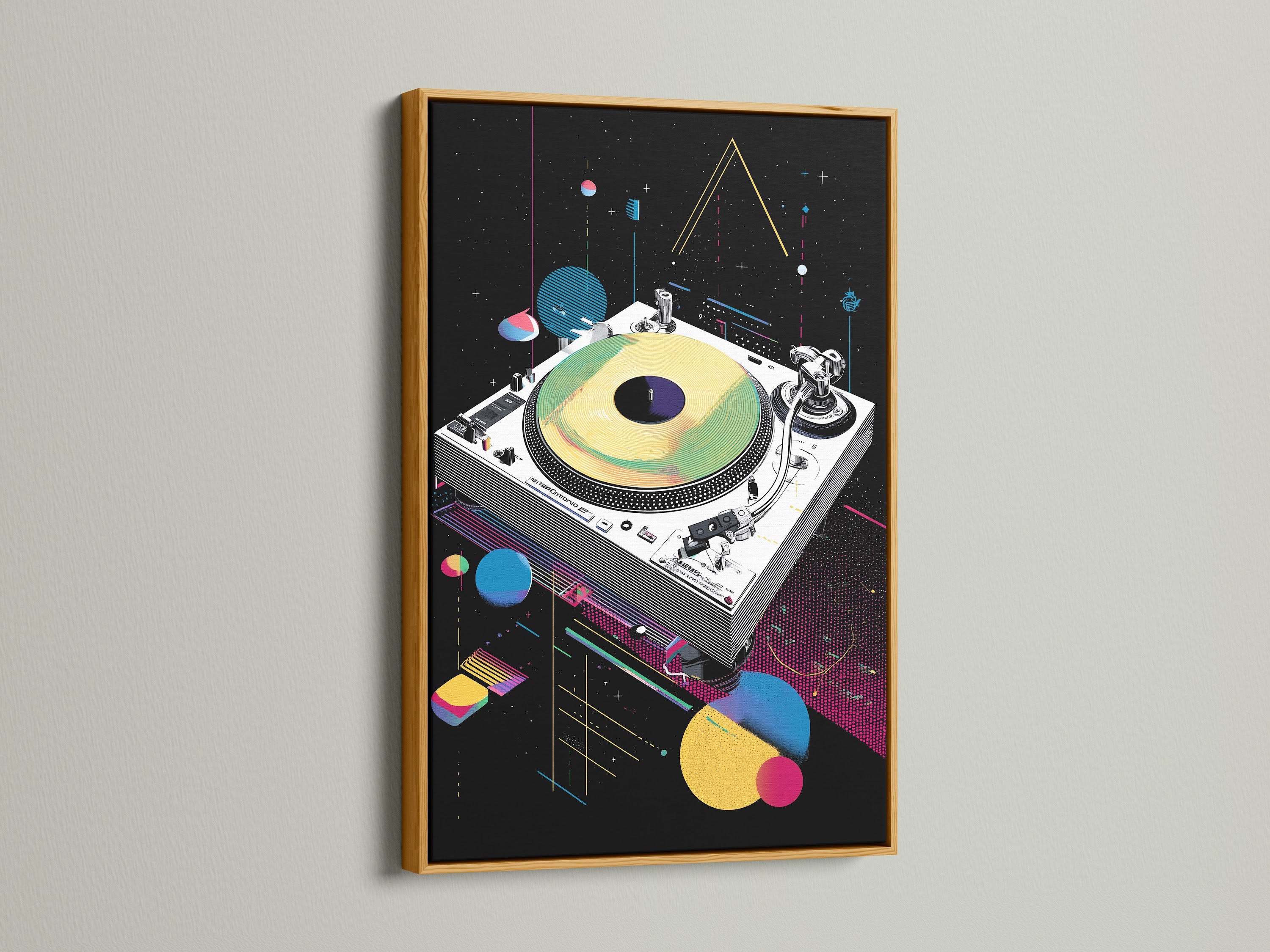 Retro turntable art in a gold frame. This synthwave music wall art brings a vaporwave DJ decor feel. This is a perfect addition to a studio or office space. The primary color is black and the secondary color is yellow.