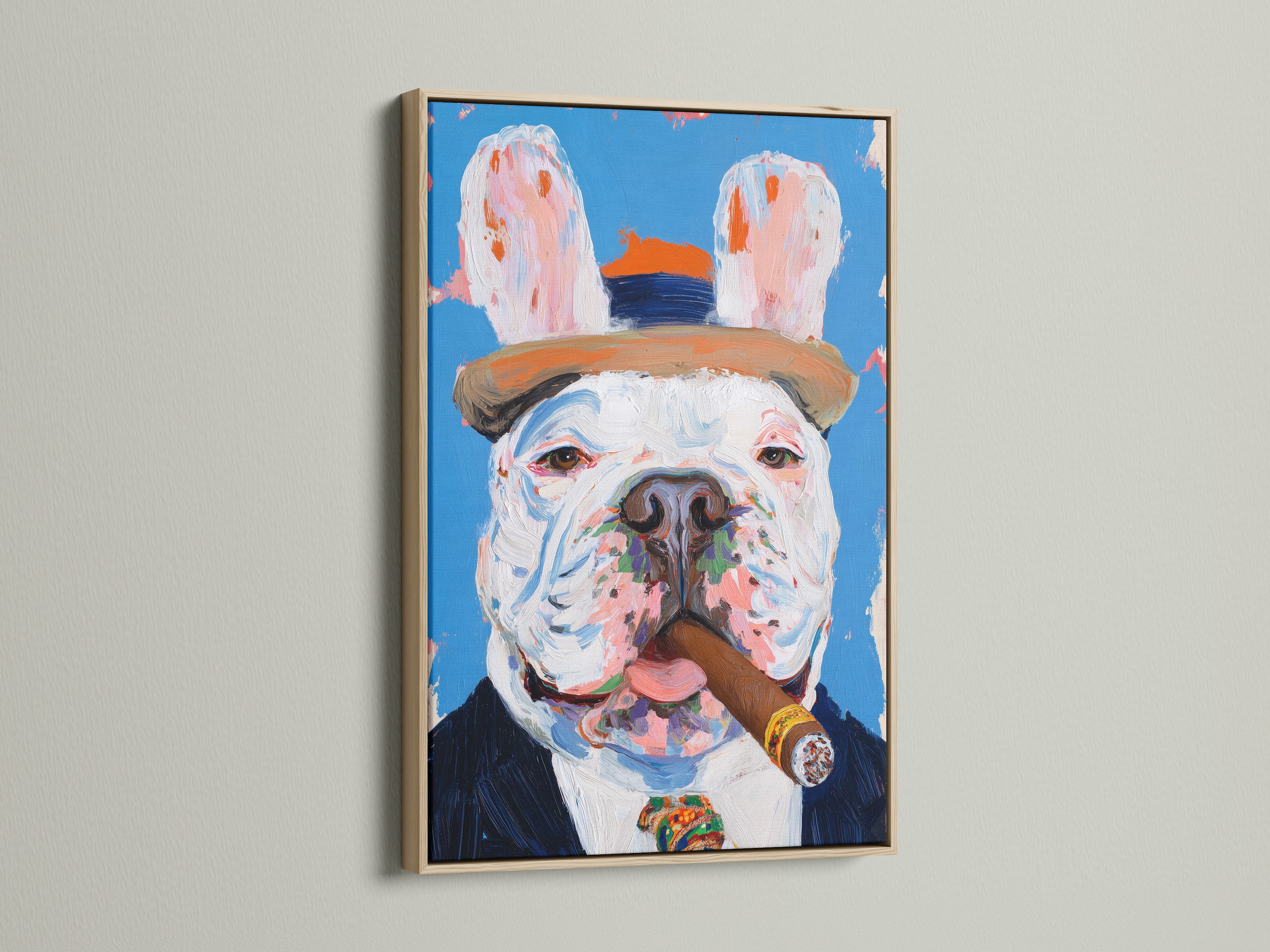 A charming French Bulldog artwork in an oak frame enhances a wall. The artwork features a cigar-smoking dog a quirky pet portrait ideal for man cave decor. The oak frame provides a classic and warm touch.