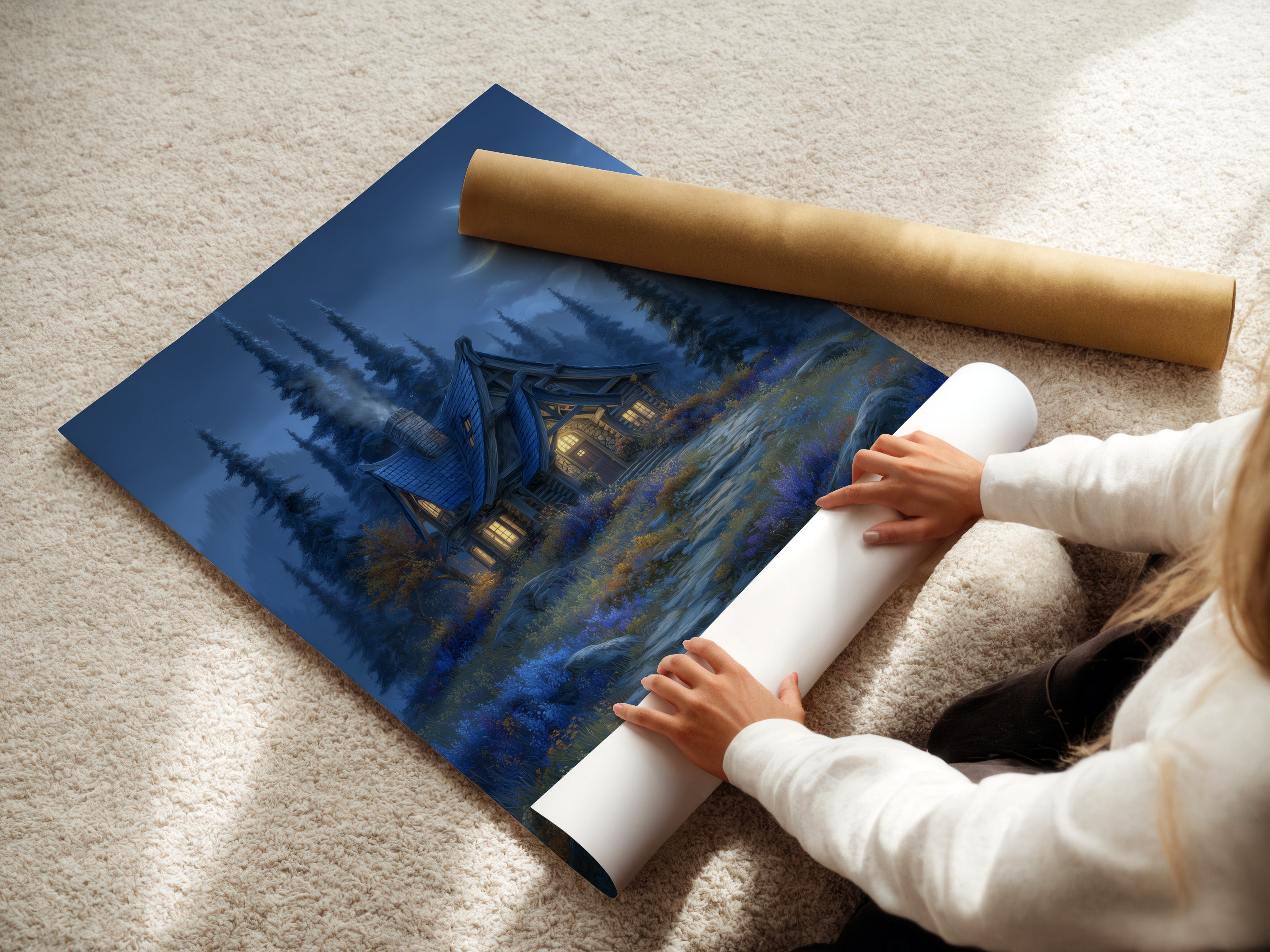 A woman is carefully rolling a fine art poster paper of the Moonlit Cottage artwork. High-quality printing ensures vibrant colors. It preserves the enchanted cabin art's detail. Ideal for framing and display.