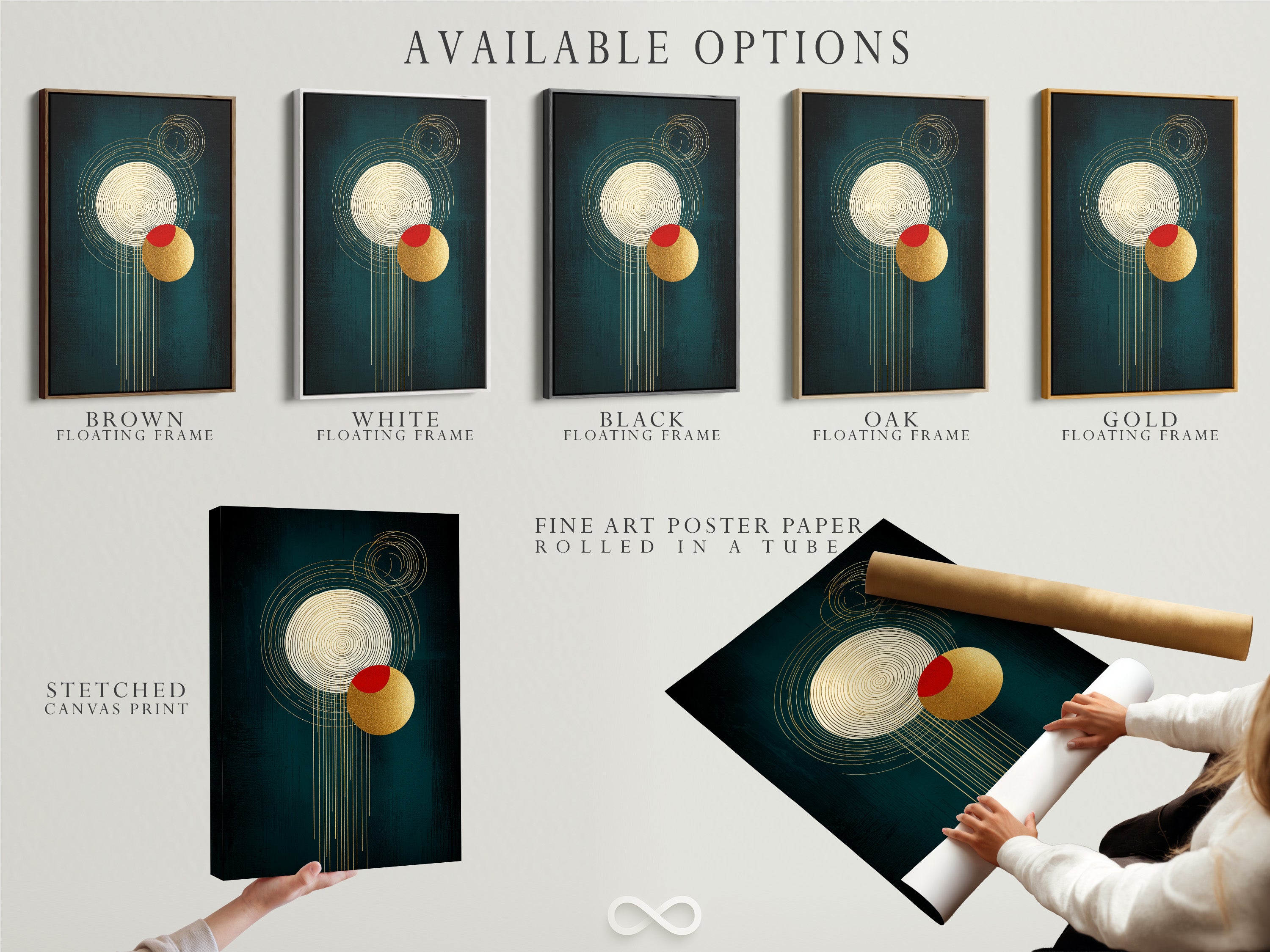 Available options for this abstract geometric artwork are displayed. Choose from a stretched canvas print. Or select fine art poster paper or a floating frame. Customize your perfect piece today.